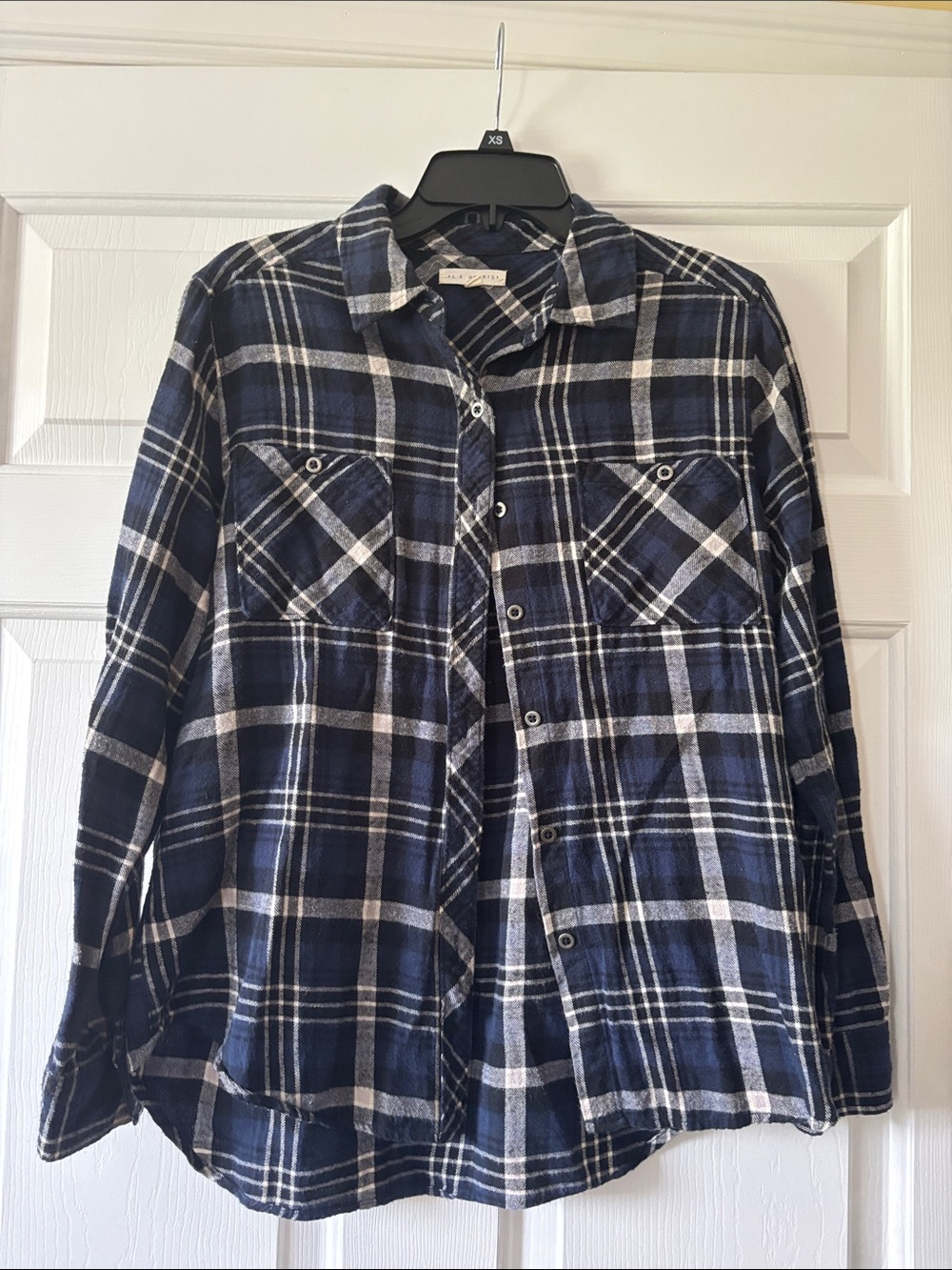 Navy and White Plaid Button-Up Shirt